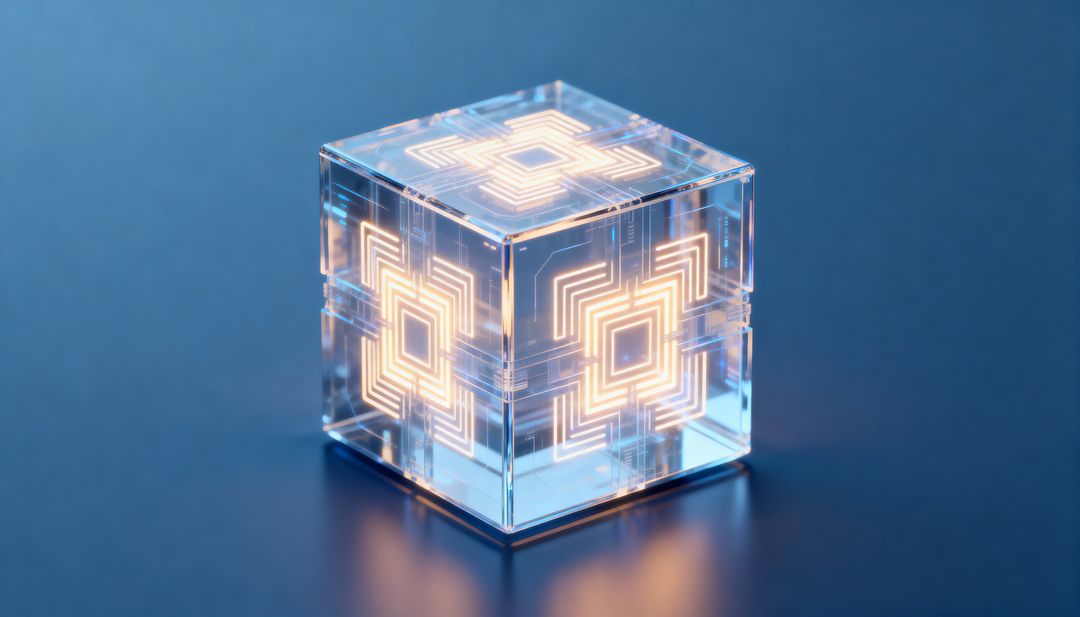 Glowing Transparent Cube Emitting Warm Circuitry Light for Futuristic Tech Concept
