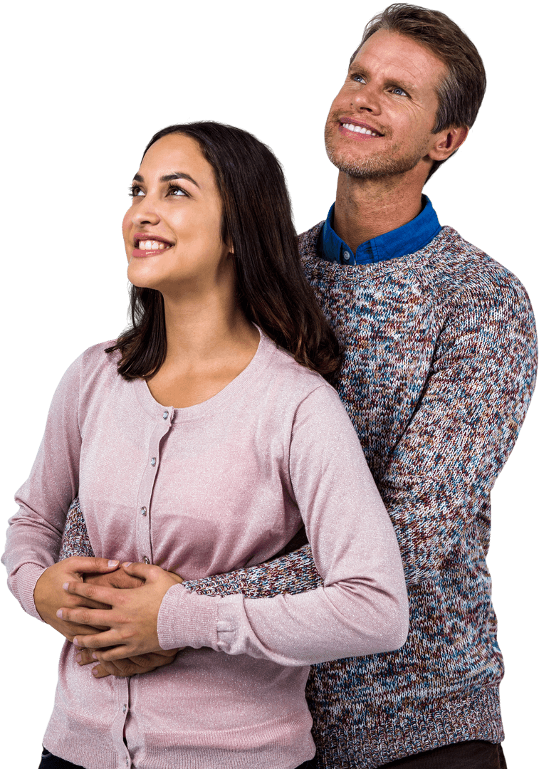 Transparent Smiling Couple Looking Upwards in Affectionate Pose