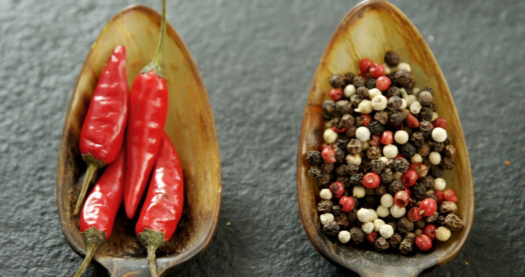 Close-Up of Red Chili Peppers and Mixed Peppercorns on Wooden Spoons - Free Images, Stock Photos and Pictures on Pikwizard.com