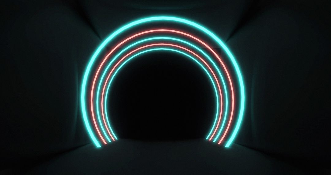 Concentric neon light arches in black space