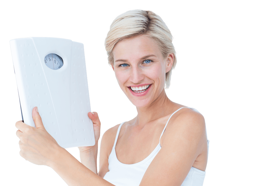 Transparent Woman Smiling Holding Weight Scales for Health Trends