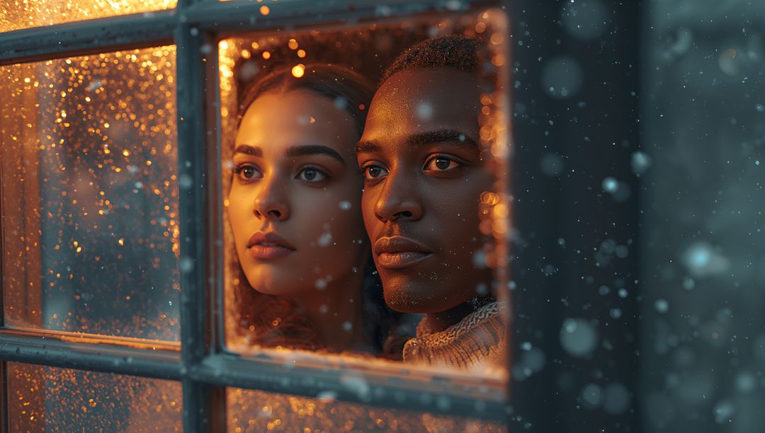 Couple Gazing Through Frosted Winter Cabin Window