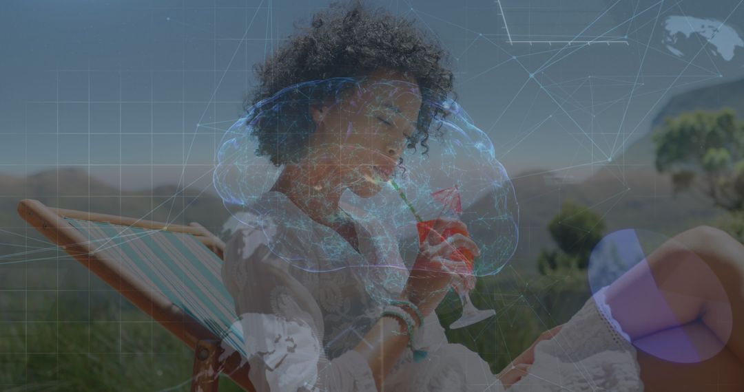 Digital Interface with Relaxing Woman Elements and Futuristic Overlays