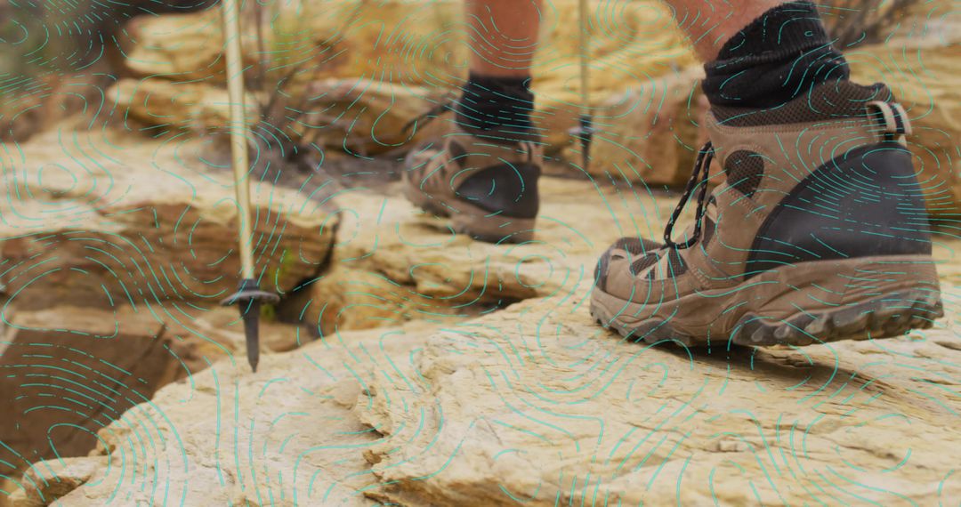 Hiker Exploring Rocky Terrain with Hiking Gear and Pole