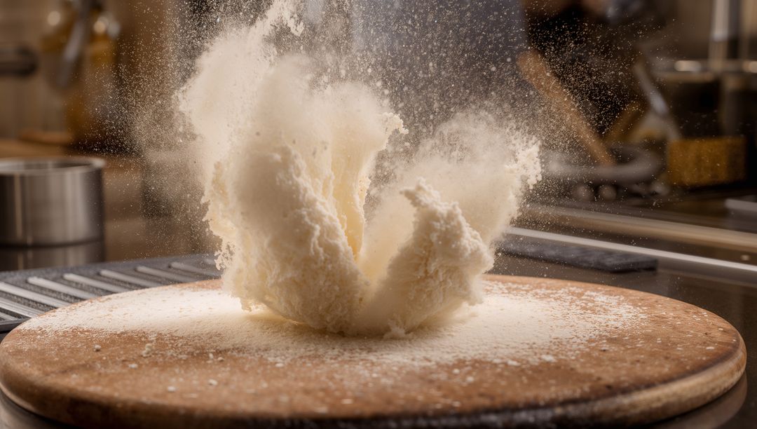 Flour Burst Erupting from Wooden Dough Board in Motion for Baking and Food Concept