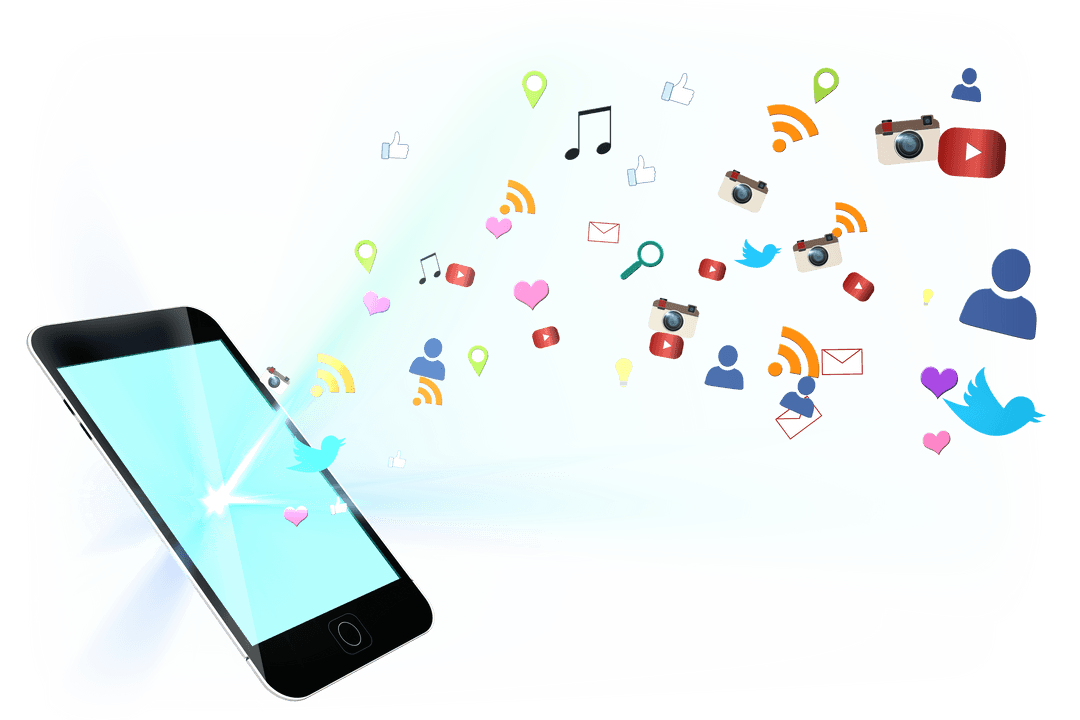 Smartphone and Multicolored Social Media Icons on Transparent Background