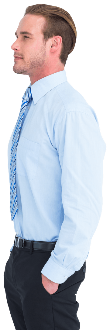 Transparent Professional Man Smiling with Hands in Pockets