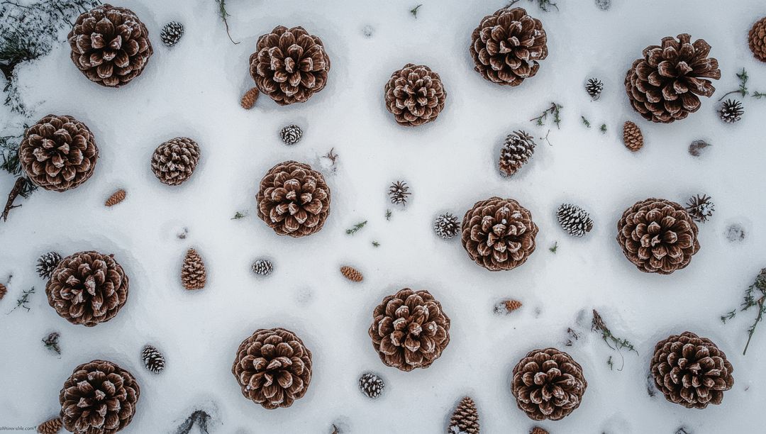 Pine Cones Creating Repeating Pattern on Snowy Forest Floor Topdown Flatlay