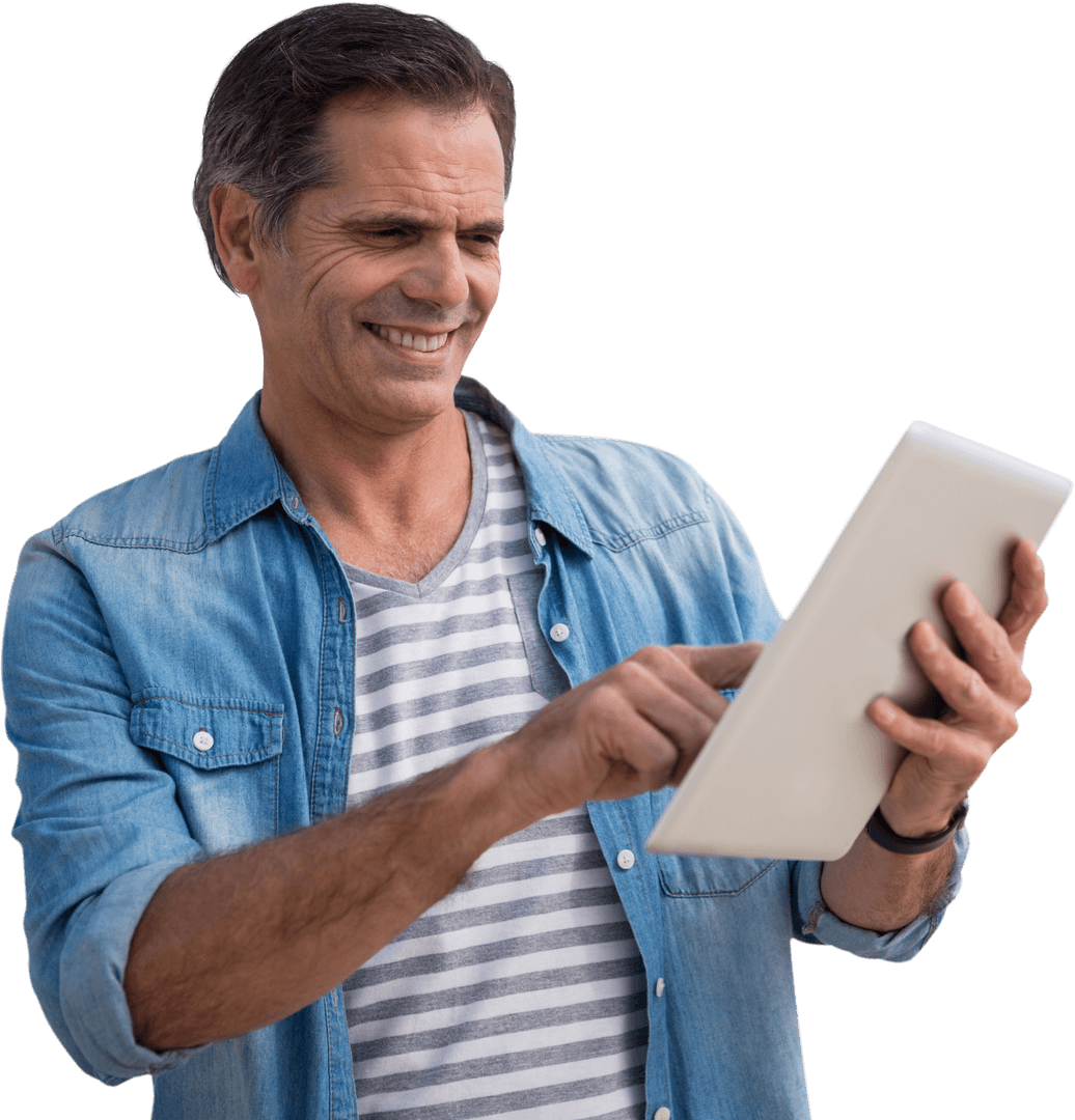 Smiling Mature Man Using Tablet Transparent Background