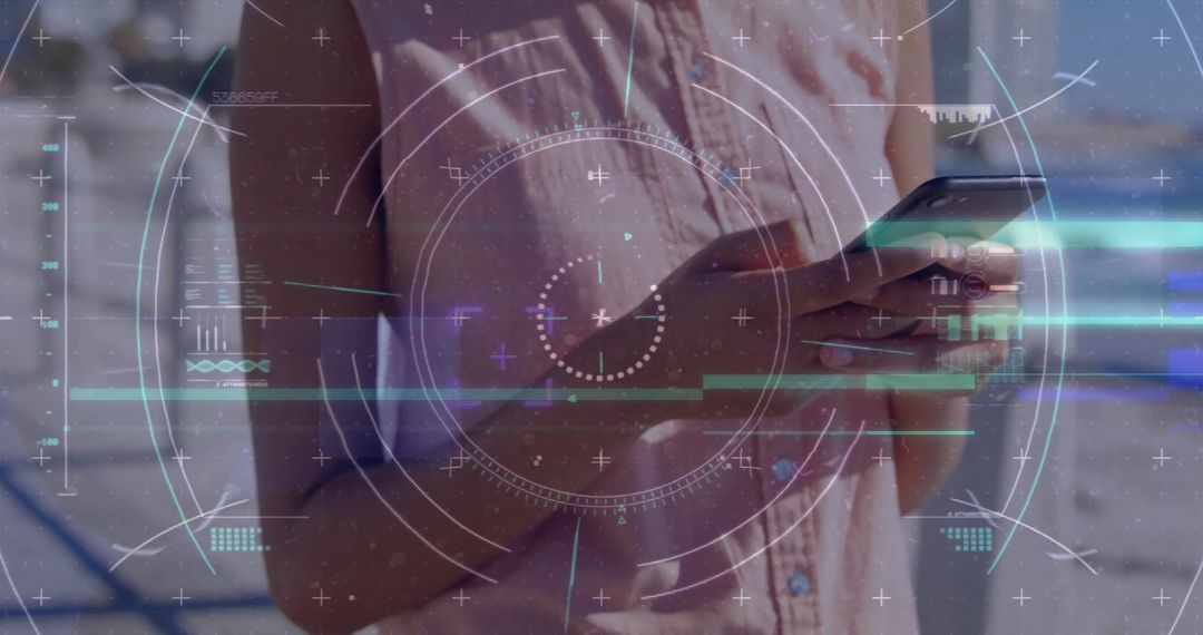 Futuristic Data Processing Interface with Smartphone User