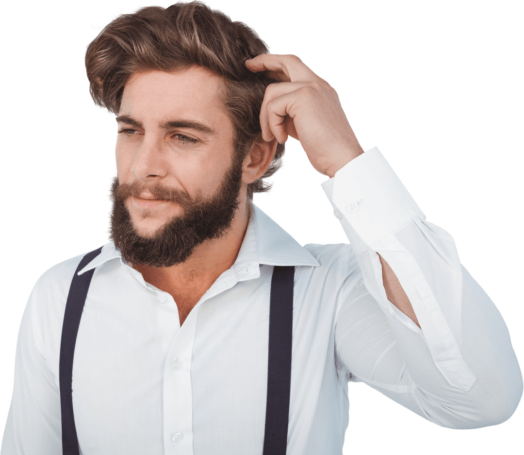 Transparent Thoughtful Bearded Hipster Scratching Head in White Shirt
