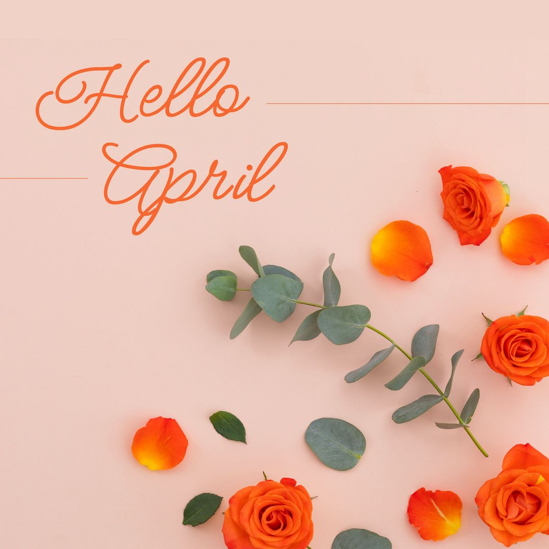 Hello April Text with Orange Roses and Green Leaves on Pink Background - Download Free Stock Templates Pikwizard.com