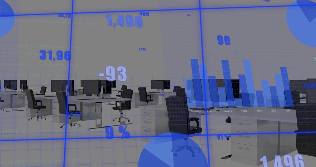 Digital Business Data Overlaid on Modern Empty Office Space