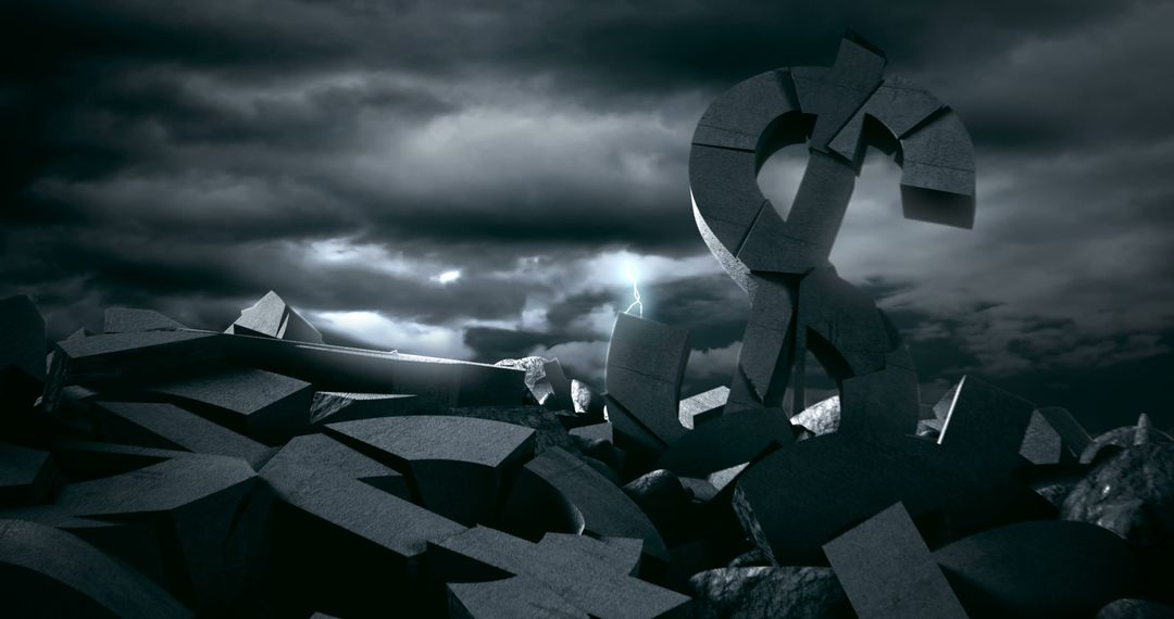 A dramatic landscape showcases scattered 3D letters under a stormy sky, with copy space - Free Images, Stock Photos and Pictures on Pikwizard.com