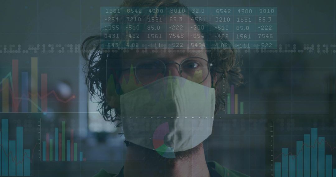 Man with Glasses and Mask Analyzing Data with Futuristic Overlays