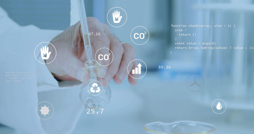 Senior scientist grasping pipette and flask with CO2 analytics HUD overlays in laboratory