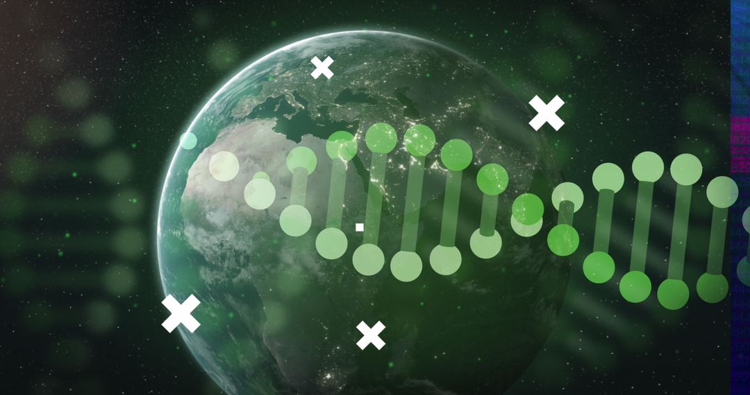 DNA Strand Overlay on Earth with Digital Elements