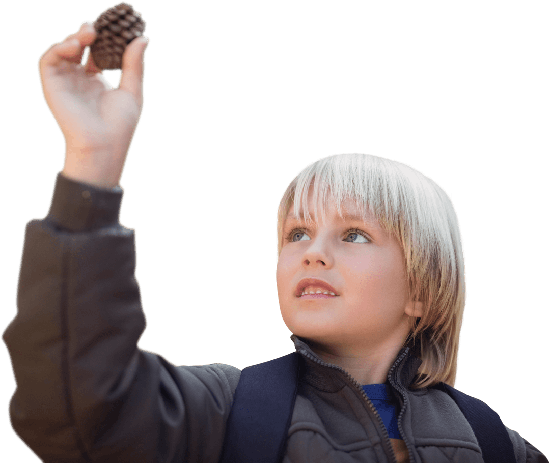 Curious Child Examining Pine Cone in Woodland Exploration