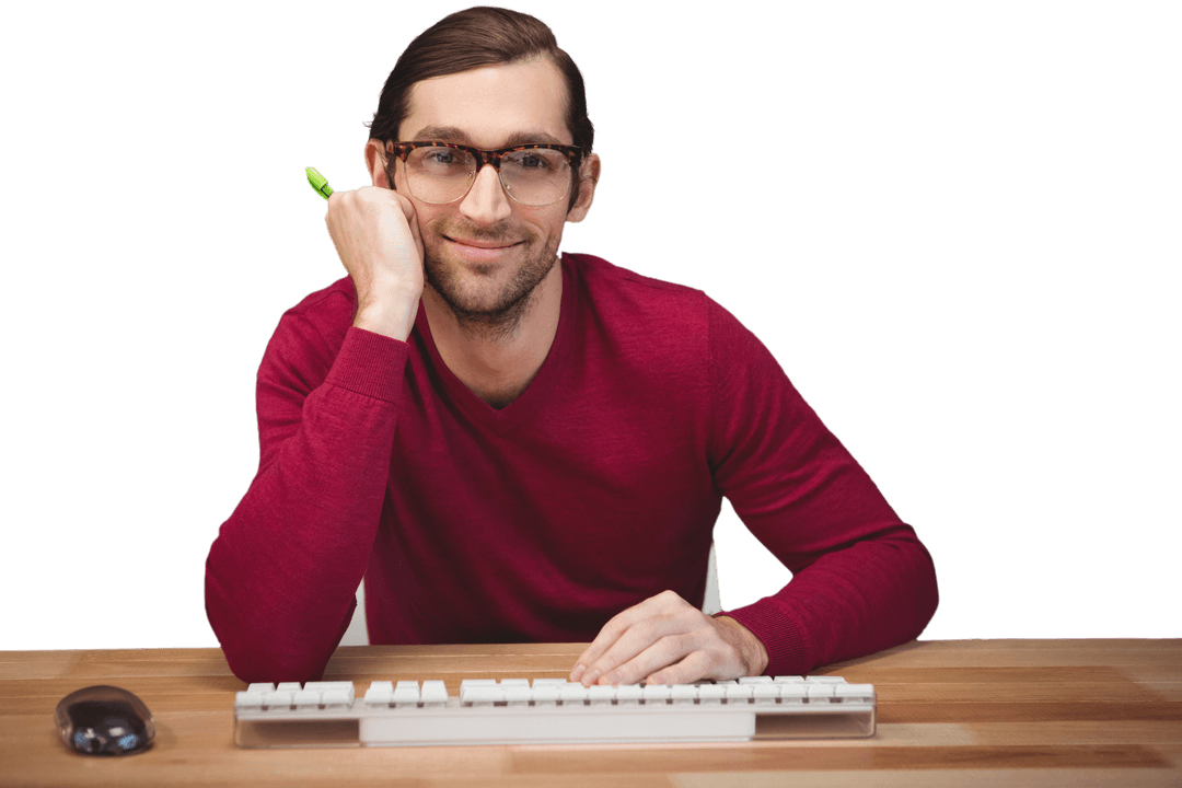 Transparent Confident Man Sitting at Office Desk in Casual Wear