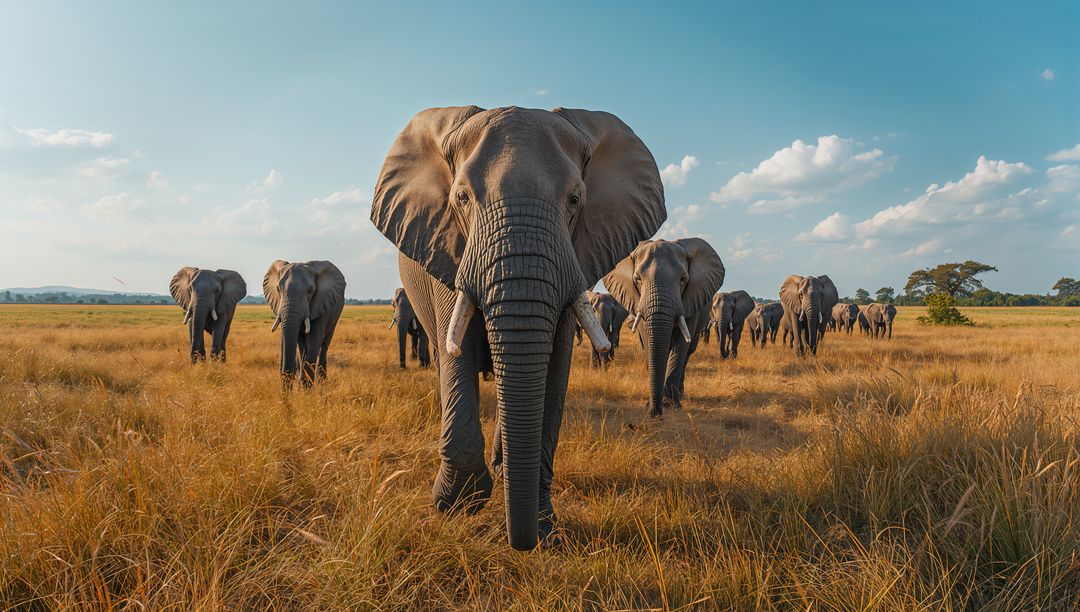 Majestic elephant leading herd across golden savannah at warm sunset, tusks on display