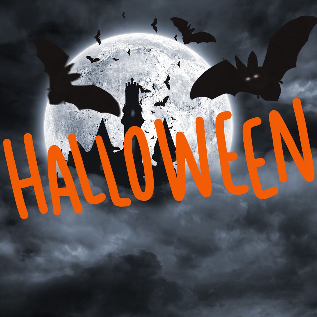 Spooky Halloween Night with Full Moon and Flying Bats Silhouette