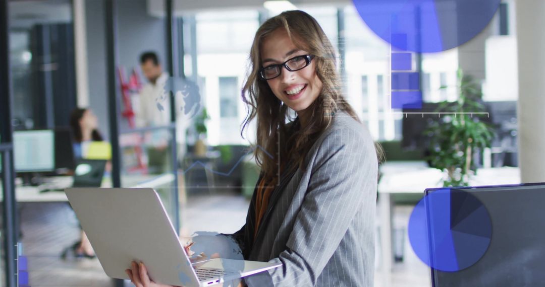 Smiling Businesswoman Analyzing Digital Data in Modern Office