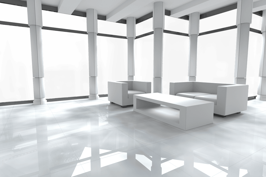 Transparent Minimalist Office Lounge Area with Sleek Furniture