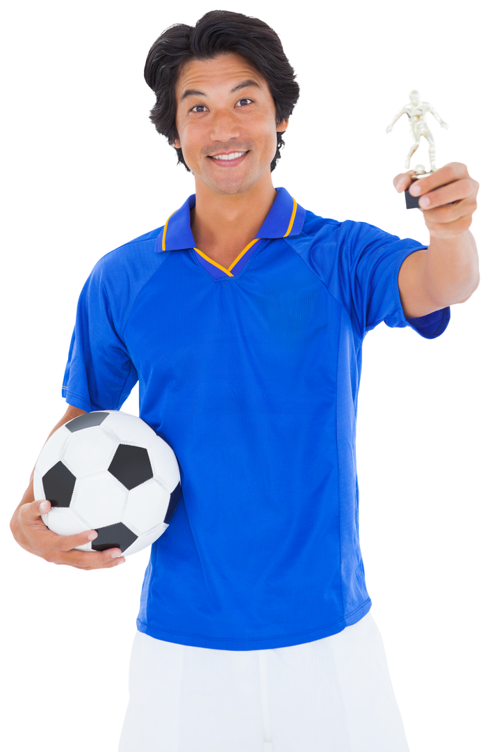 Smiling Athlete Holding Soccer Ball with Small Trophy Transparent Background - Download Free Stock Images Pikwizard.com