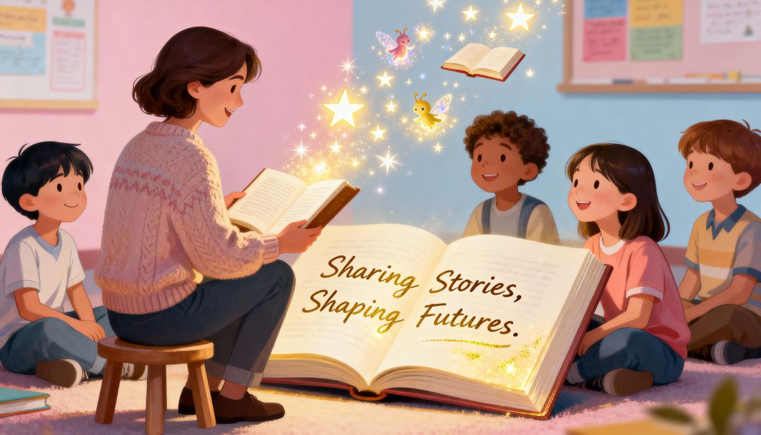 Teacher Reading Magical Story to Diverse Children on Classroom Rug Inspiring Imagination