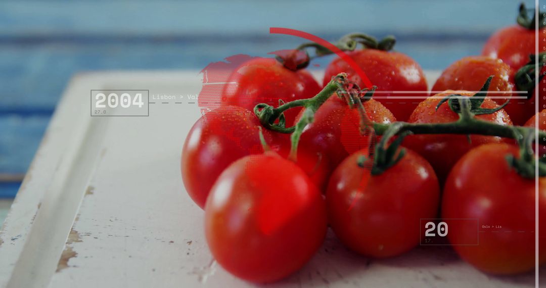 Fresh Vine Tomatoes with Digital Overlay on Rustic Background