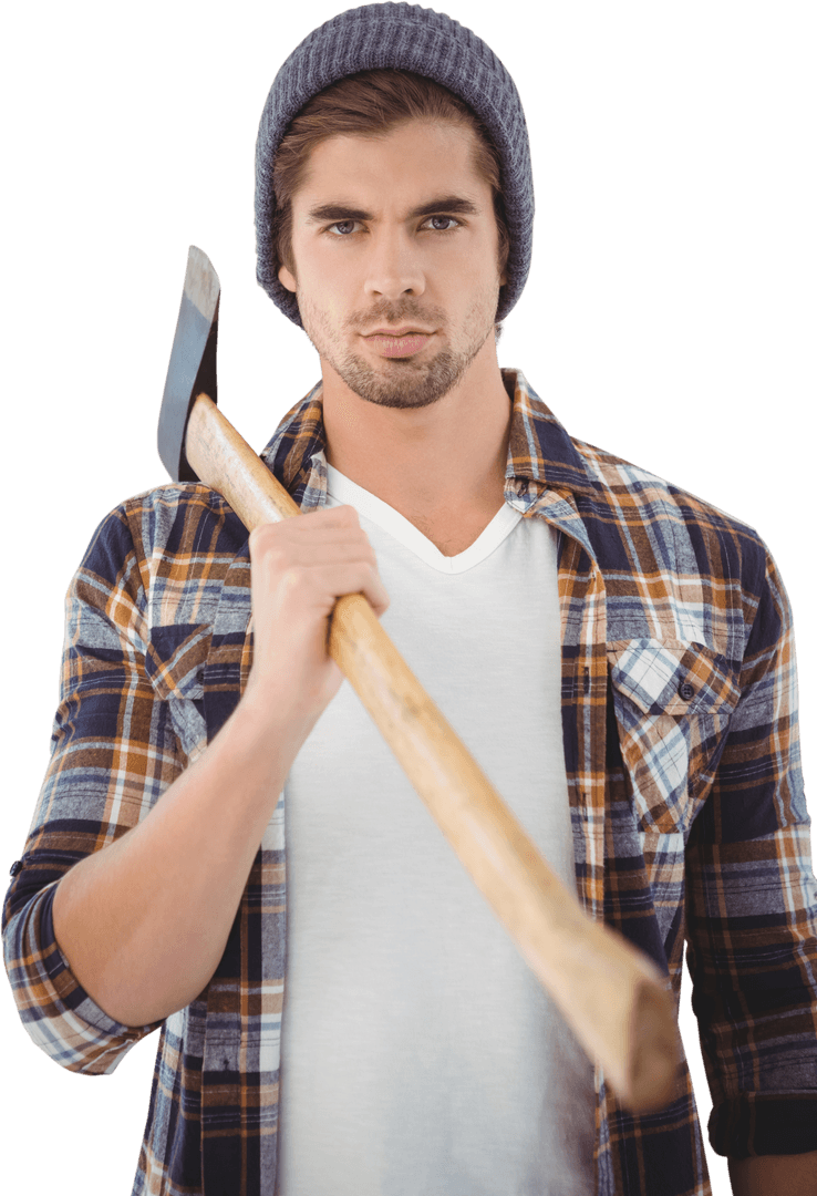 Lumberjack Hipster Holding An Axe With Transparent Background
