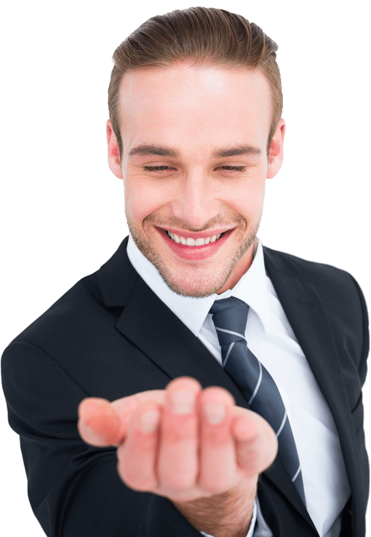 Happy Businessman Holding Transparent Outstretched Hand Forward