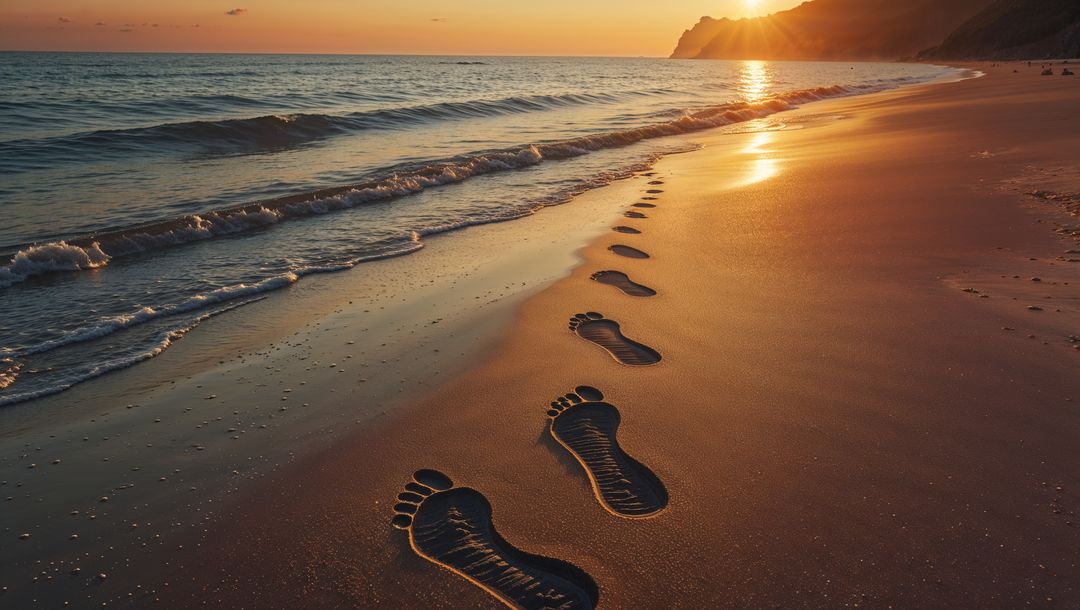 Footprints Winding Along Beach at Sunset Near Ocean Waves