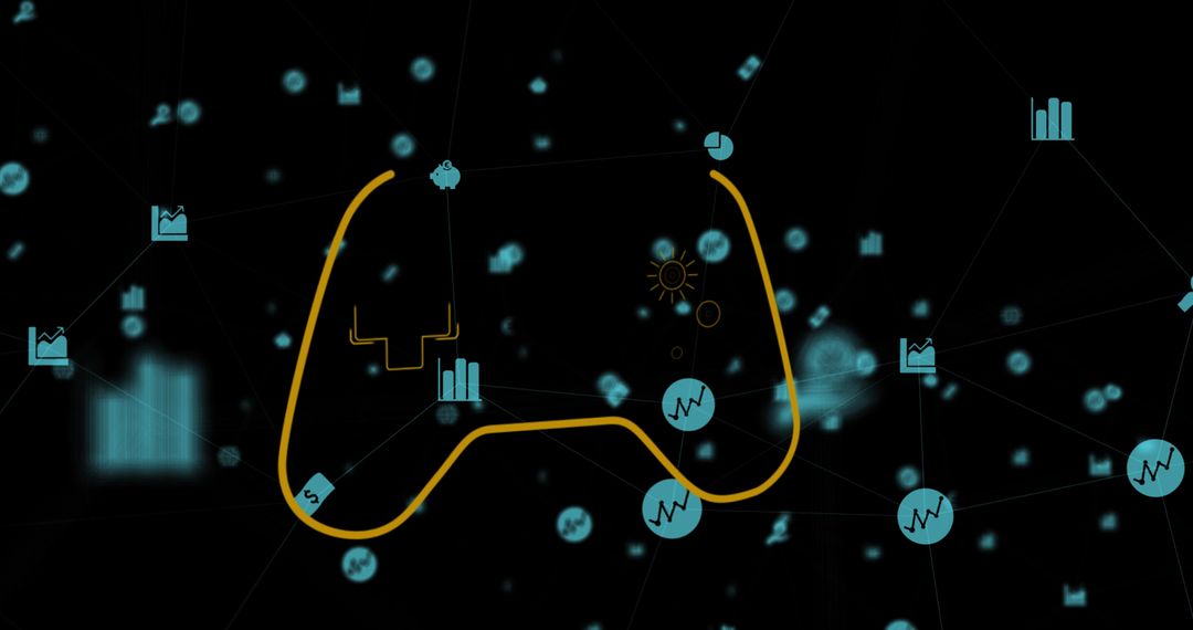 Digital Gamepad Icon with Business Symbols on Black Background