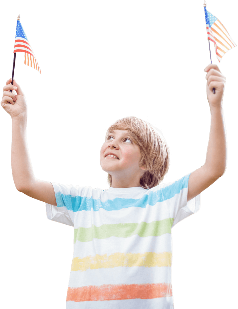 Cheerful Child Waving American Flags on Transparent Background