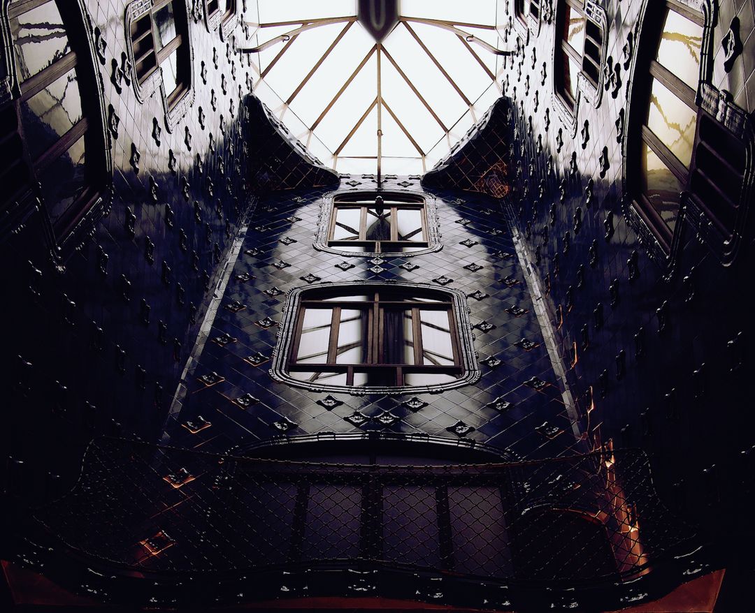Midnight Blue Ceramic Atrium with Organic Curved Windows and Skylight in Art Nouveau