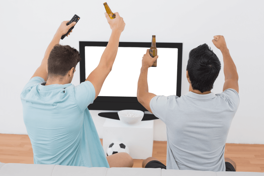 Excited Soccer Fans Cheer with TV and Bottles in Room