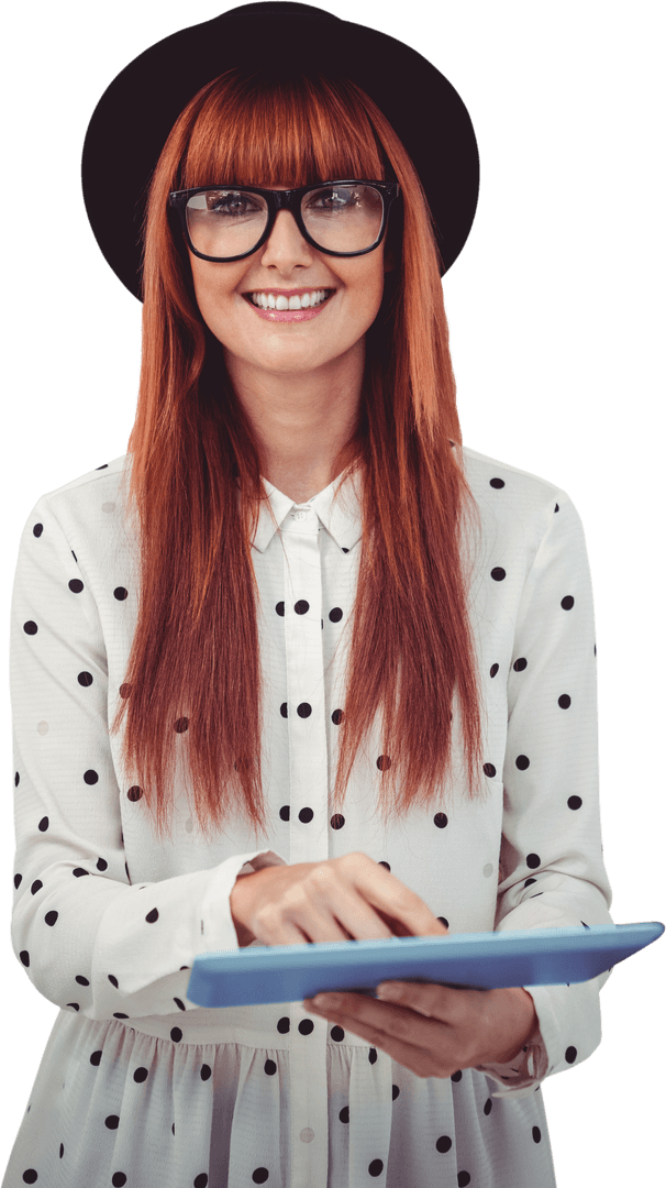 Smiling Redhead Hipster Woman Using Tablet on Transparent Background