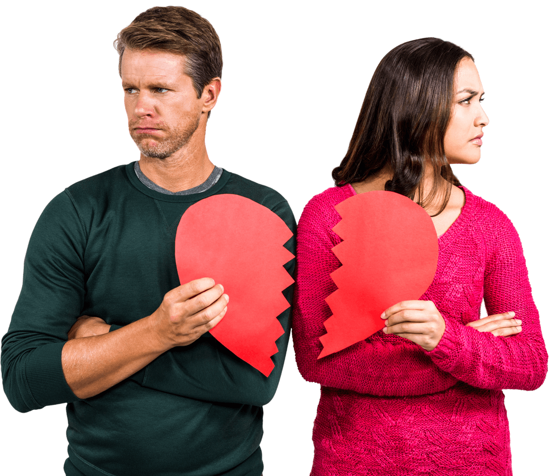 Transparent Couple Holding Broken Heart Sign Representing Conflict