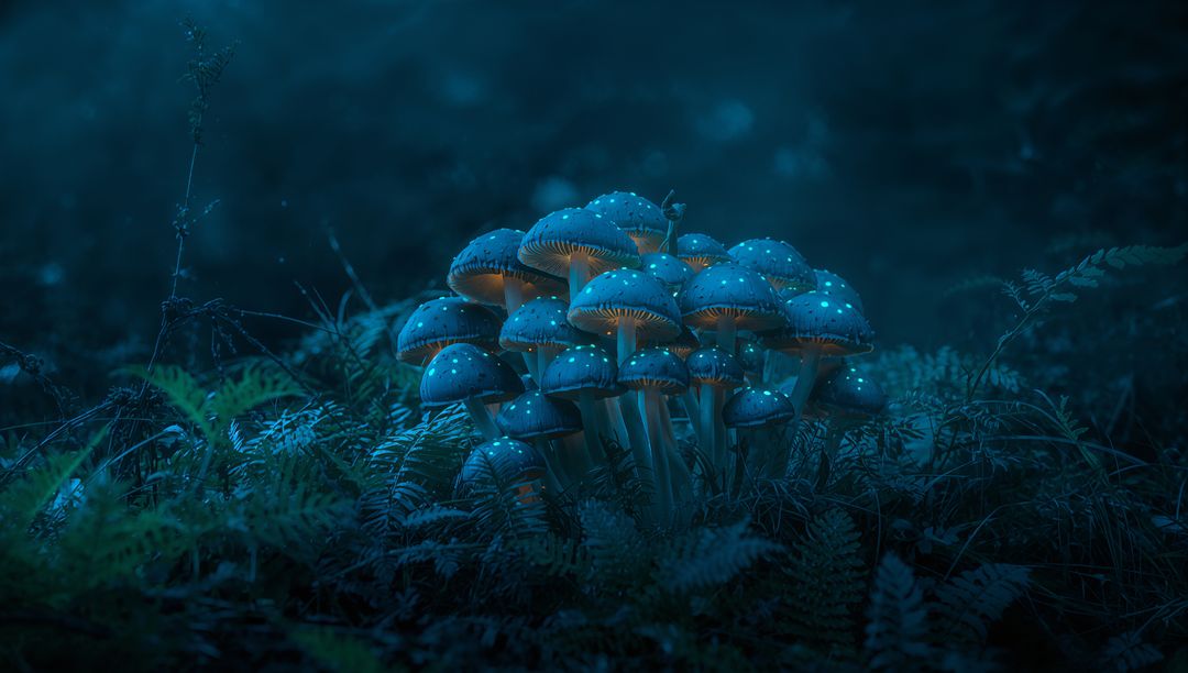 Ethereal Bioluminescent Mushrooms Illuminating Nighttime Forest