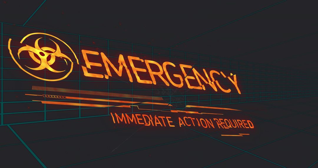 Holographic Neon Emergency Alert with Biohazard Symbol in Cyberpunk Wireframe Room