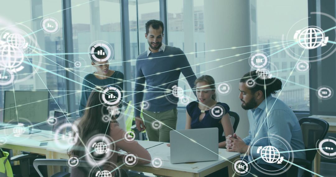 Diverse Team Collaborating with Digital Network Overlays