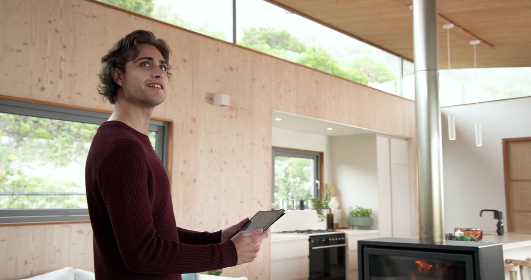 Man Engaging with Tablet in Modern Wood Crafted Home Interior