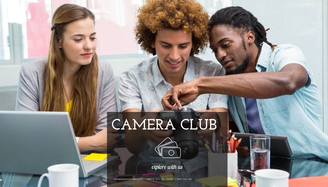 Diverse Group of Young Adults Collaborating in Creative Photography Club