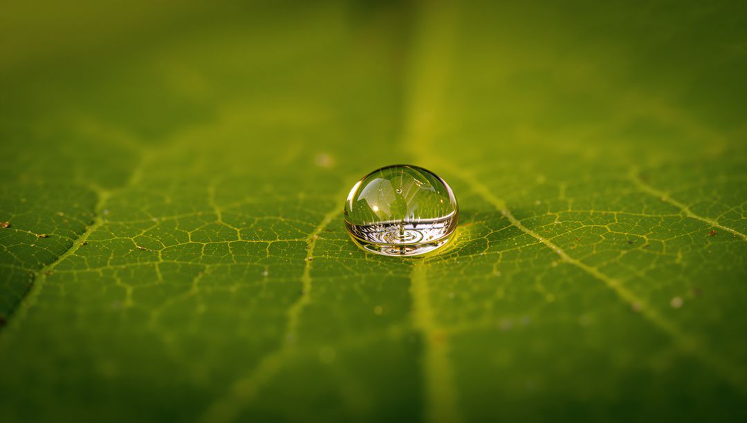 Crystal water droplet magnifying intricate leaf vein network on vibrant green foliage