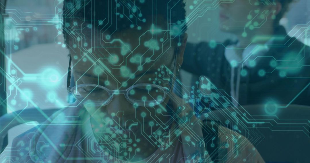 Commuter Using Phone with Digital Circuit Overlay Signifying Connected Transit and AI