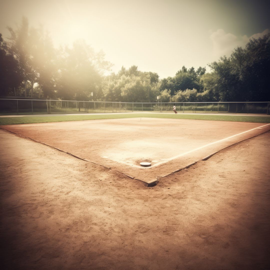 Sunlit Empty Baseball Diamond in Tripod Orientation with Trees in Background - Free Images, Stock Photos and Pictures on Pikwizard.com