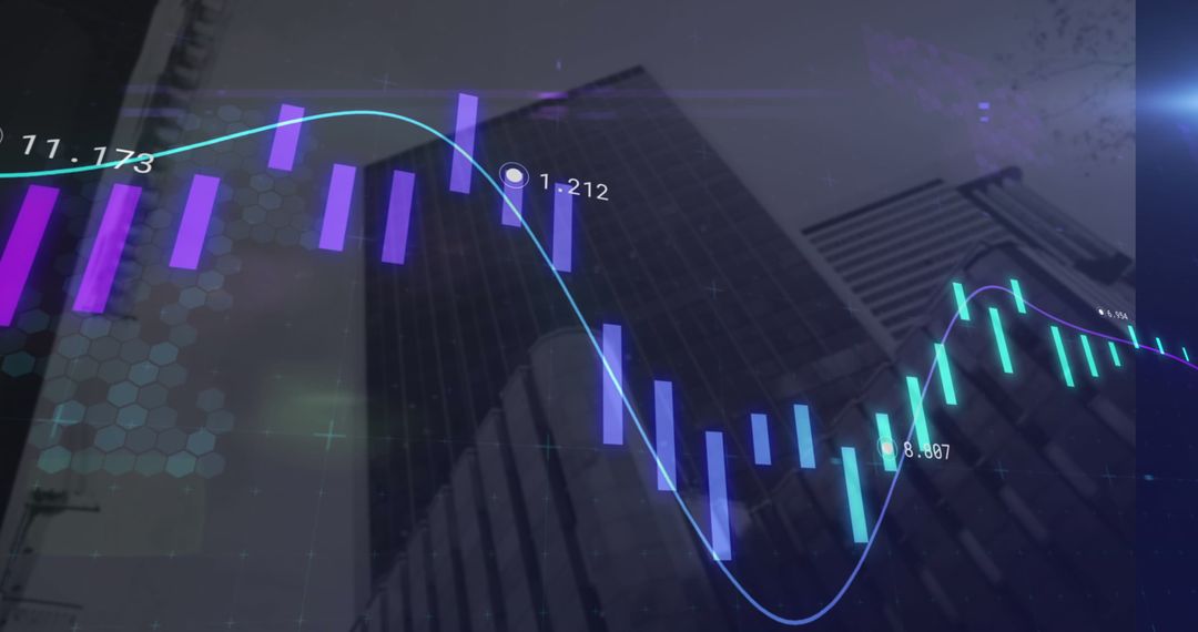 Digital Financial Graphs Over City Skyscrapers Showing Business Trends