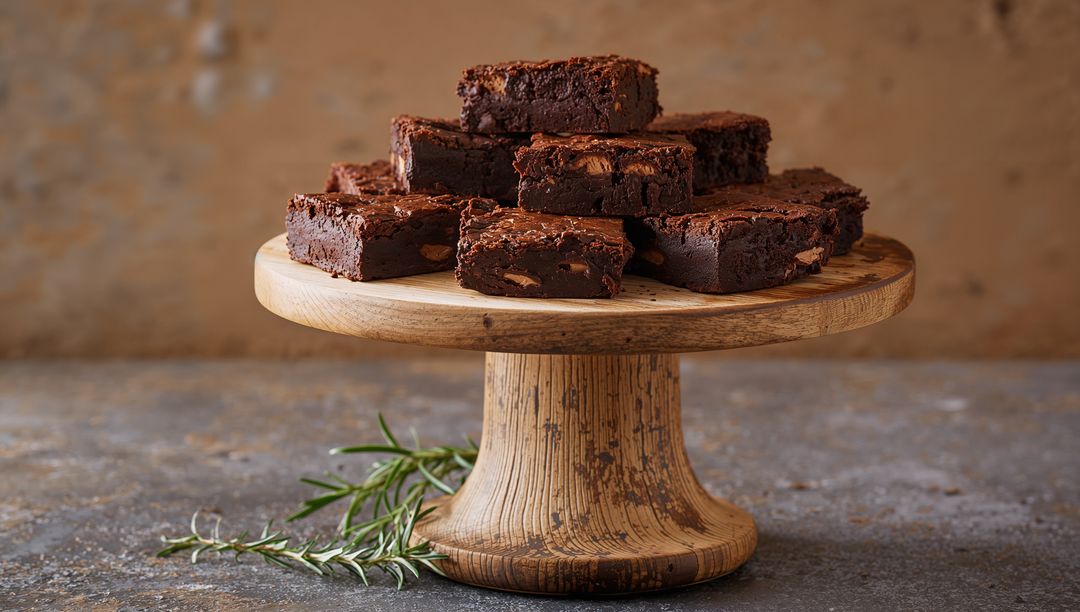 Stacking chocolate brownies on rustic wooden cake stand with rosemary garnish and warm tones