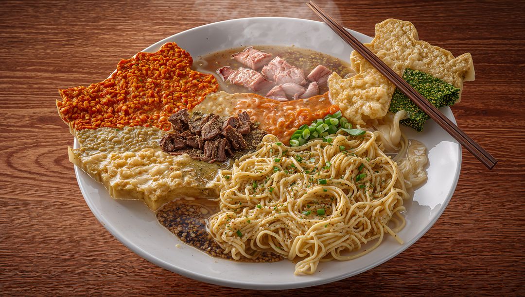 Asian Noodle Dish with Colorful Crackers and Varied Toppings